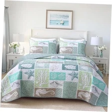 Coastal Quilt Set Size, Beach Coverlet Starfish Coral Seashell King Sage Green