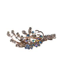 Rhinestones Hair Barrette Clip Flower Gold Tone Blue Rhinestone