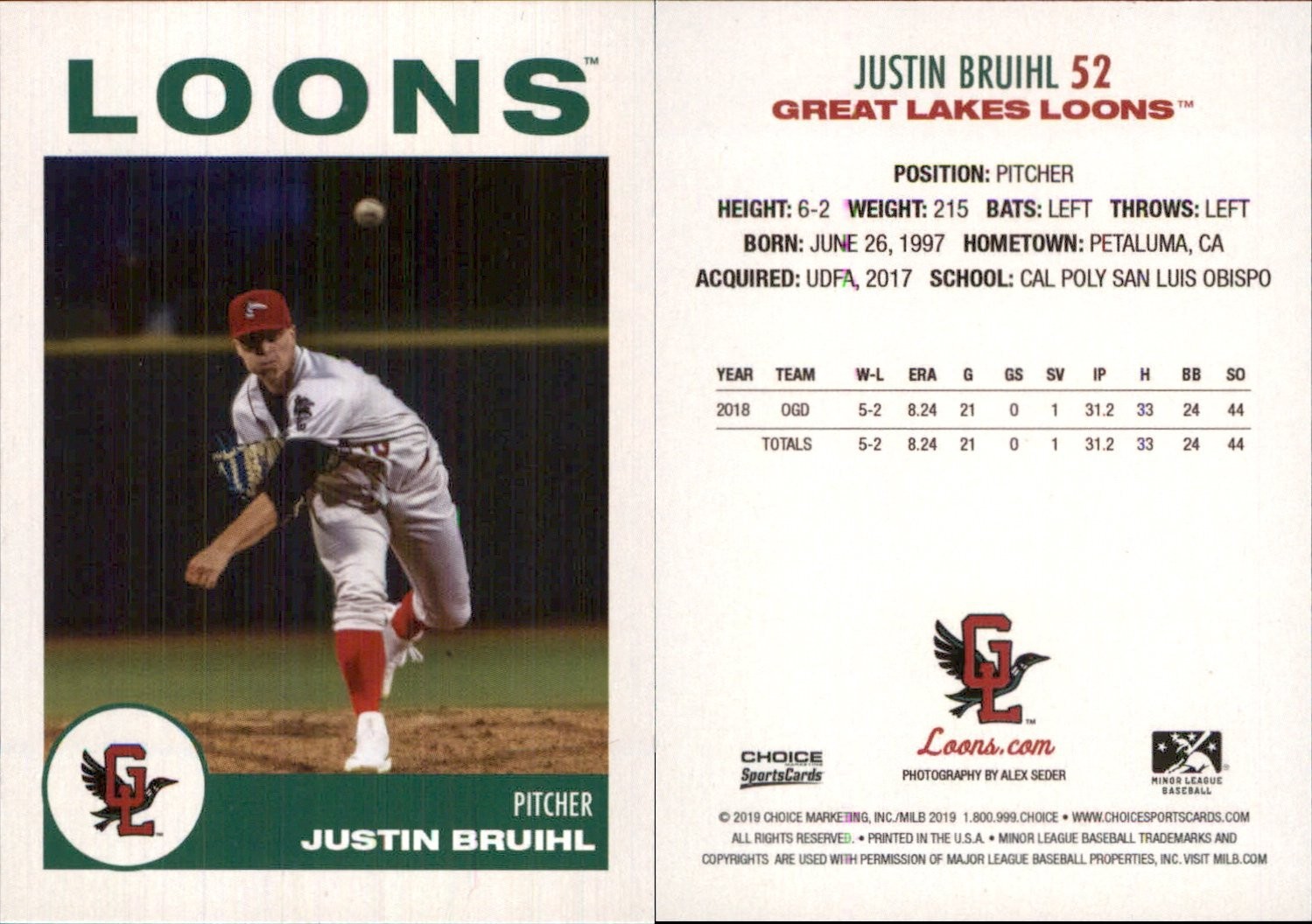 Justin Bruihl 2019 Choice Great Lakes Loons RC Card FREE SHIP *AutographDen*