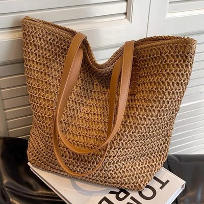 Women Woven Tote Shoulder Bag Summer Casual Travel Straw Handbag