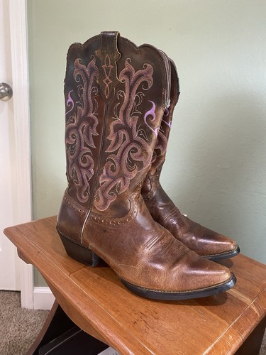 Justin Boots L2562 Women 10C Brown Leather Lilac Stitching Cowgirl Western Boot - Picture 3 of 13
