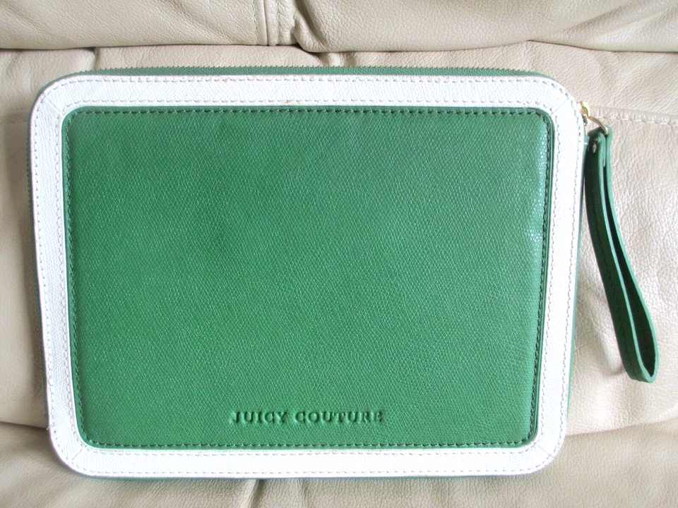 JUICY COUTURE Green White Leather Zip Up Clutch Bag Case Purse Pouch + Gold Bird - Image 2 of 4