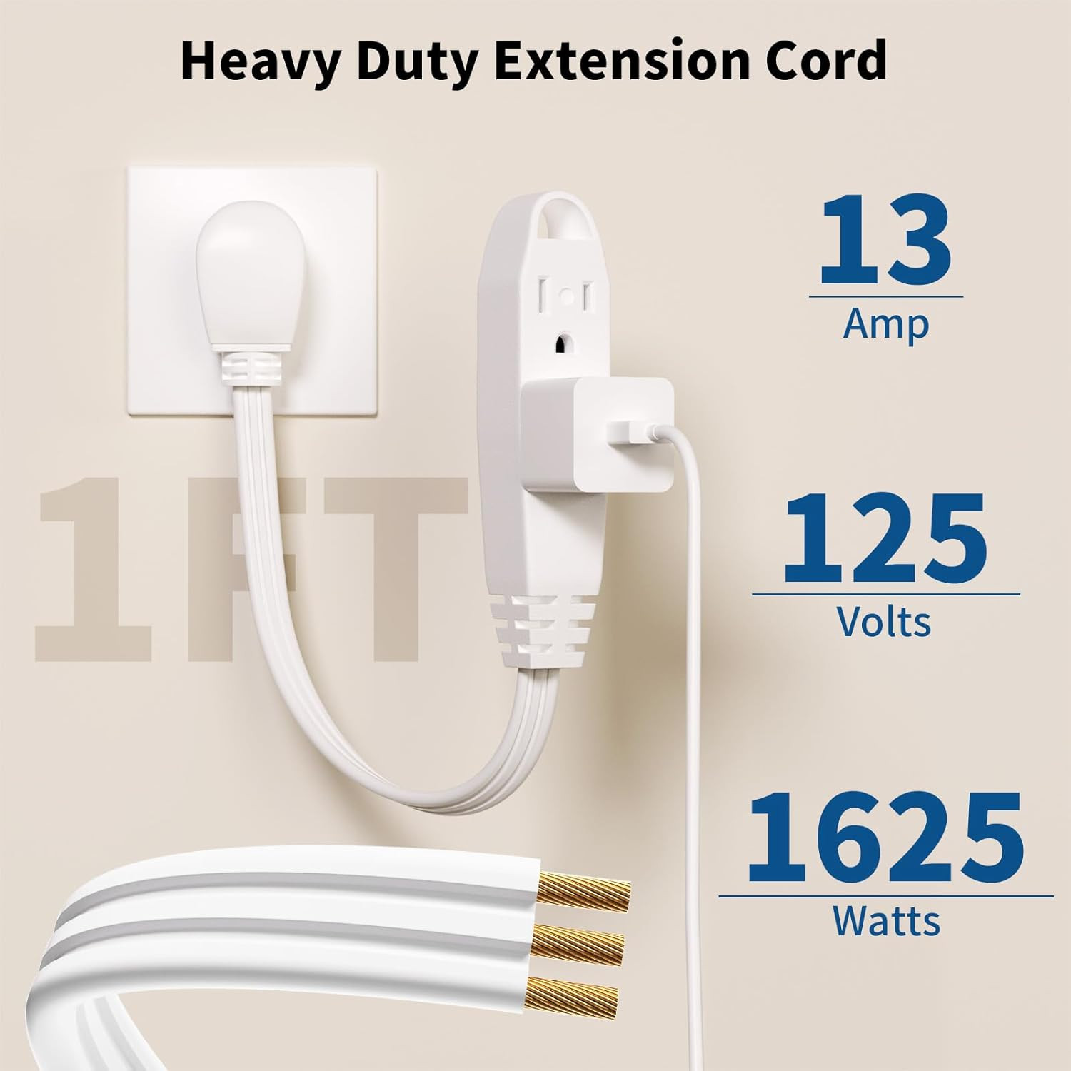 K KASONIC 1ft 3-Outlet Extension Cord 2-Pack, UL Listed, 13A 125V, White