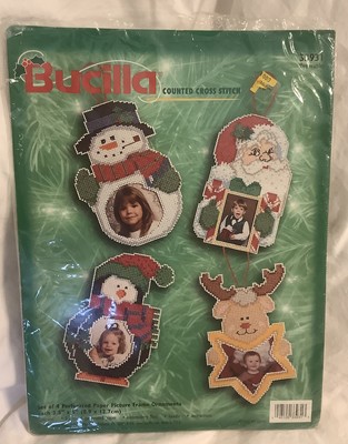 Wood Frame 2 Ornament Kits 1998 Bucilla Gallery of Stitches Christmas Collectible,Counted Cross Stitch Peace on Earth Beary Merry Xmas