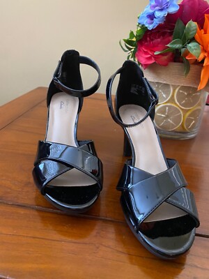 Ladies Clarks Adriel Cove Black Patent Smart Heeled Sandals Open toe NEW 