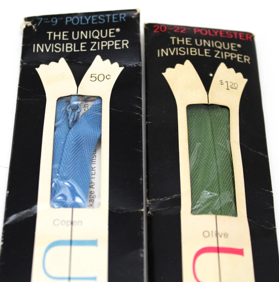 Vtg NOS Unique Invisible Zippers Lot 2 Olive Green 20-22" Copen 7-9" Polyester - Image 2 of 2