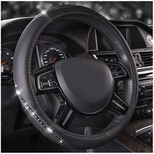 Black Leather Steering Wheel Cover with Bling Diamond Rhinestones Universal Fit
