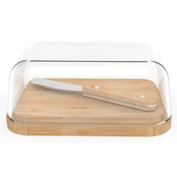 Pebbly Glass And Bamboo Butter Dish And Spreader, Clear
