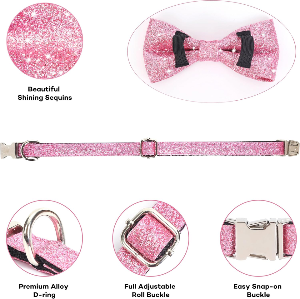 Bling Bow Tie Dog Collar and Leash Set, Cute Pink Puppy Dog Collar with