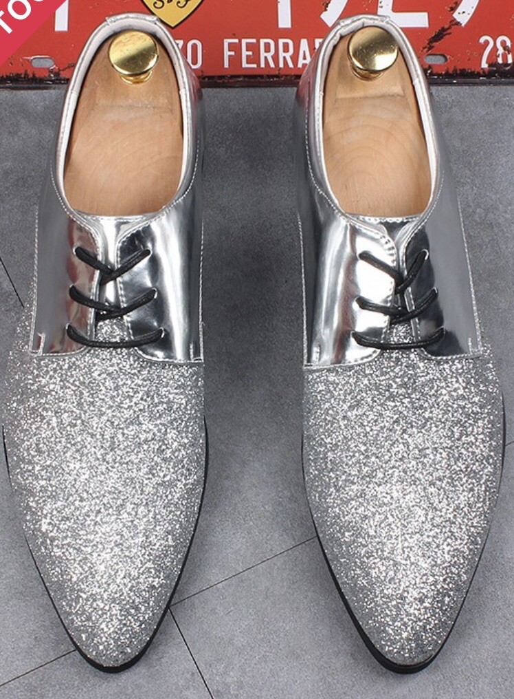 Mens Pointy Toe Silver Shoes Lace Up Party Dress Formal Wedding Prom EU 43 US 7 Mens Pointy Toe Silver Shoes Lace Up Party Dress Formal Wedding Prom EU 43 US 7