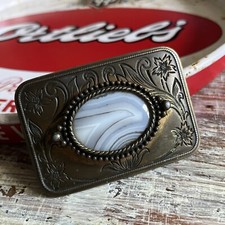 Lapidary Polished Agate Vtg Western Belt Buckle Engraved Floral Stone Cowgirl