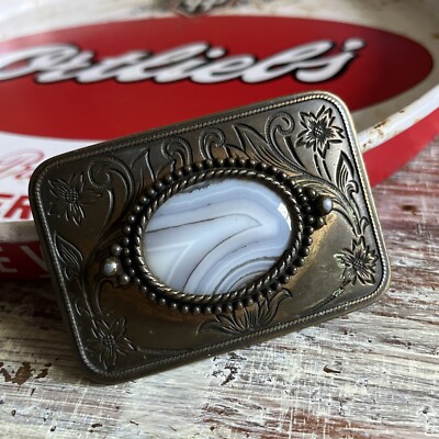 Lapidary Polished Agate Vtg Western Belt Buckle  Engraved Floral Stone Cowgirl