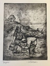 Karnig Nalbandian Etching "Diggers" Figures Clam Digging Raking Nautical