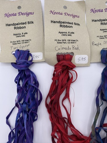 Handpainted 100% Silk Ribbon By Neota Designs 4 Packs Red Blue Purple - Picture 3 of 5