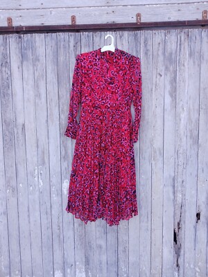 Whistles Red Multi Jungle Cat Dress US Pleated Midi Calf Animal - Main Image