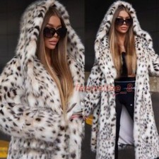 Womens Faux Fur Long Fashion Hooded Occident Jackets Furry Leopard Printed Coats