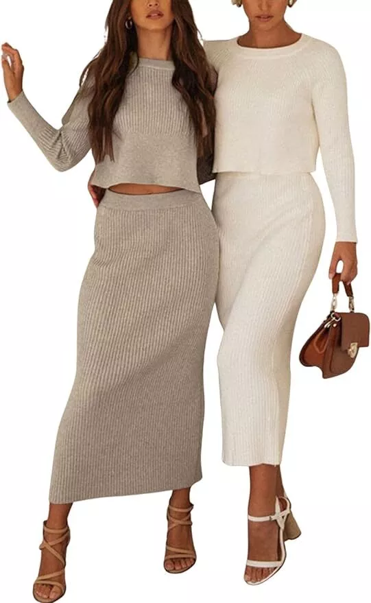 Women Two Piece Sweater Skirt Set Outfits Knit Sweater Top