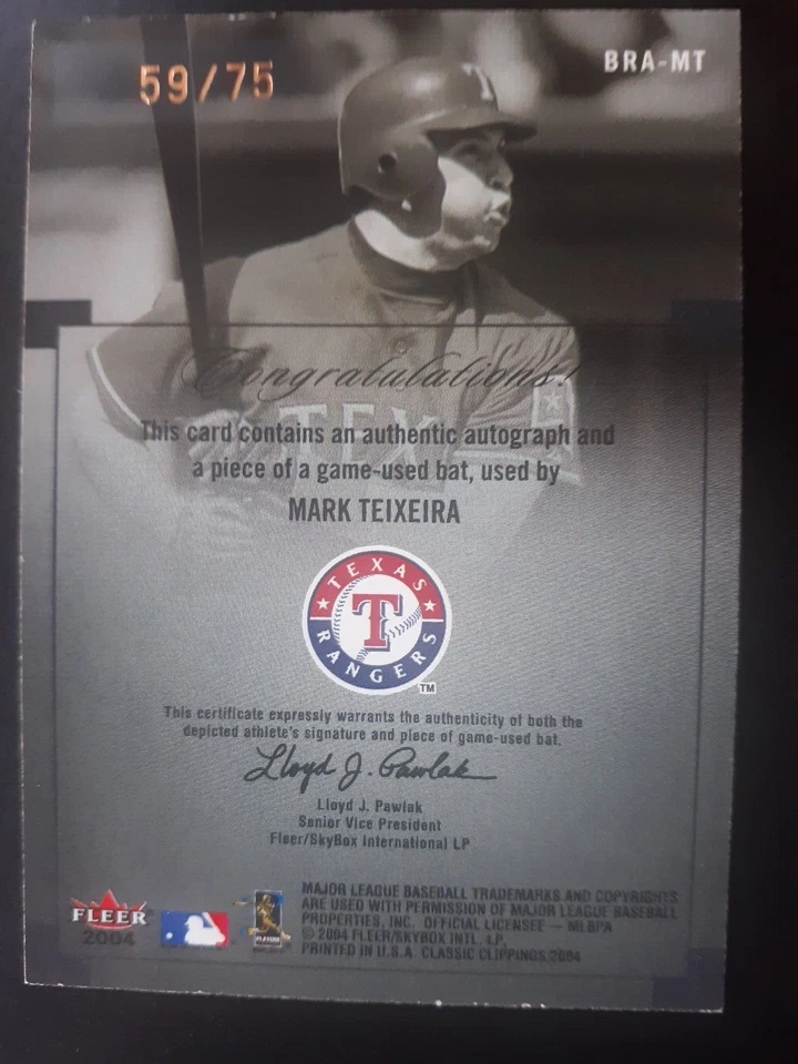 Recortes clásicos Fleer Mark Teixeira 2004 #BRA-MT autografiados con G. U. Bate #/75 Foto 2 de 2