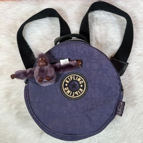 KIPLING Purple Black Nylon Small Circle Backpack With Monkey Keychain 9” RARE - Afbeelding 1 van 6