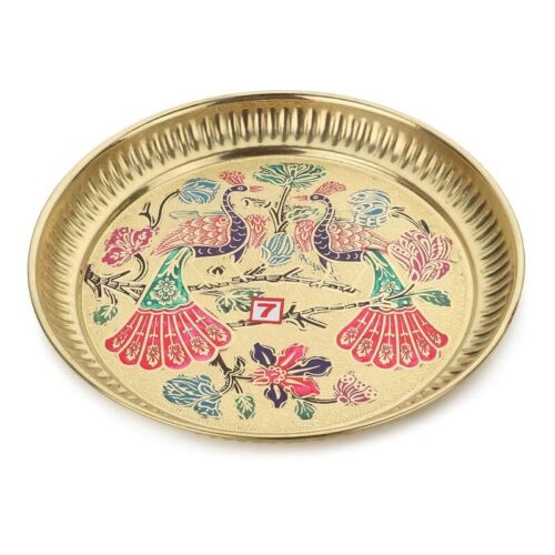 Brass Golden Color Peacock design Worship Plate Pooja Thali 7 inches - Afbeelding 1 van 5