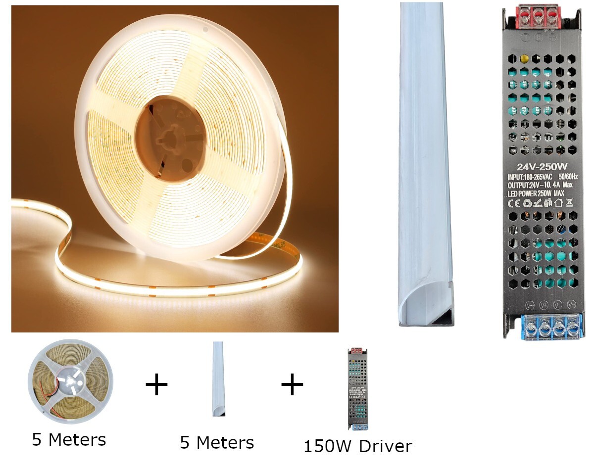 5 Meter 24V Punktlos LED COB Band Streifen Warm mit Quad Ecke Aluminium Kanal