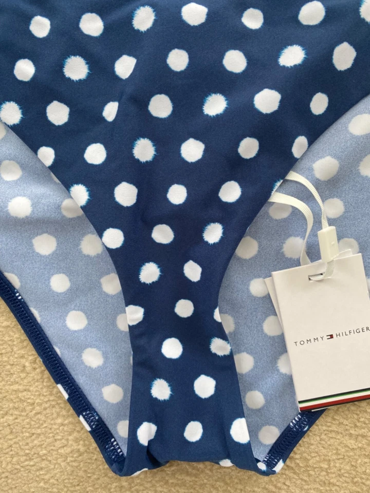 NUEVO CON ETIQUETAS TOMMY HILFIGER AZUL MARINO Y BLANCO LUNARES CORBATA LATERAL PANTALONES DE BIKINI XL (16)! Foto 4 de 4