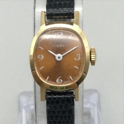 Vintage Timex Womens Watch 17mm Bronze Dial Gold Tone Black Band Manual Wind