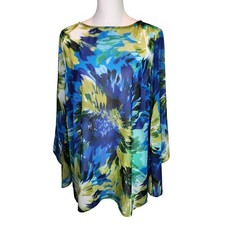 Susan Graver Sheer Floral Tunic Blouse Blue Green Bell Sleeve Medium