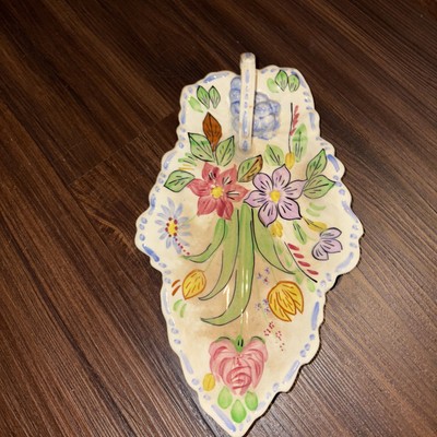 Vintage Southern Potteries Blue Ridge Oval Celery Leaf Tray Handle Summertime