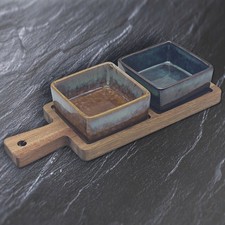 Snack Dishes 2pc Square Ceramic Dip Sauce Bowls Wooden Charcuterie Serving Tray
