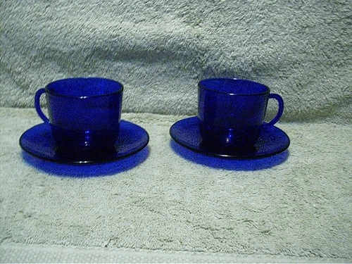 2 Vintage Cobalt Blue Glass Cup & Saucer Sets Depression Glass 1940's France