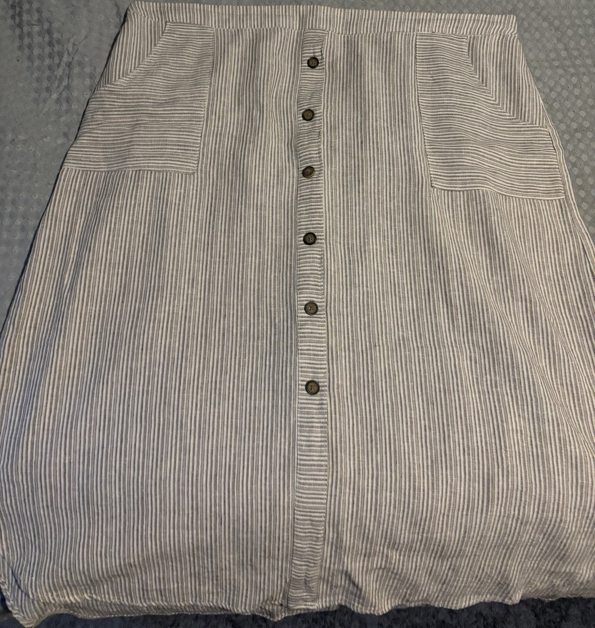 Striped Button Front Linen Rayon Midi Skirt with Pockets Beige White XXL A-Line