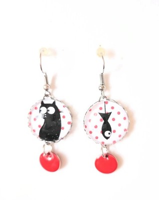 Fantasie Ohrringe Cabochons Katze Und Fisch.Edelstahl