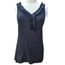 Old Navy Women's Black Vest Top Size M Sleeveless V Neck Ruffles Casual Classic