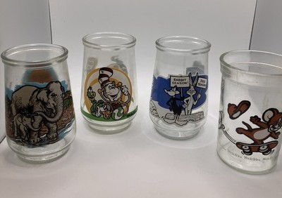 Vintage Welch s Various Jam  Jelly Glasses Lot Of 4 Tom Jerry Cat Hat Bugs Daffy