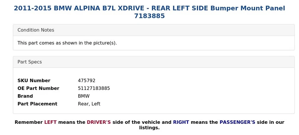 BMW ALPINA B7L XDRIVE 2011-2015 - Panel de montaje de parachoques trasero izquierdo 7183885 Foto 4 de 4