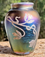 Vintage Loetz Art Nouveau Iridescent Silver Overlay Glass Vase
