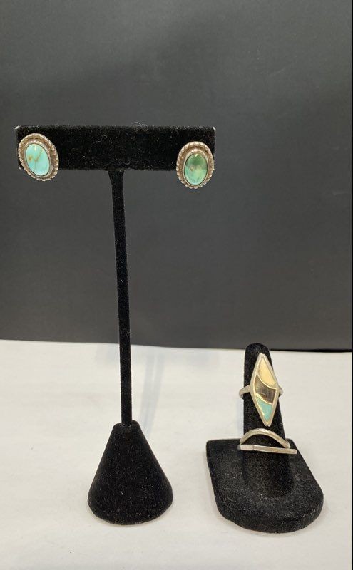 Sterling Silver 925 Turquoise Jewelry Set Earrings Inlay & Wishbone Rings 13.8g