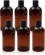 6 Pack 8 oz Amber Plastic Shampoo Bottles with Black Disc Caps Refillable Leak-P