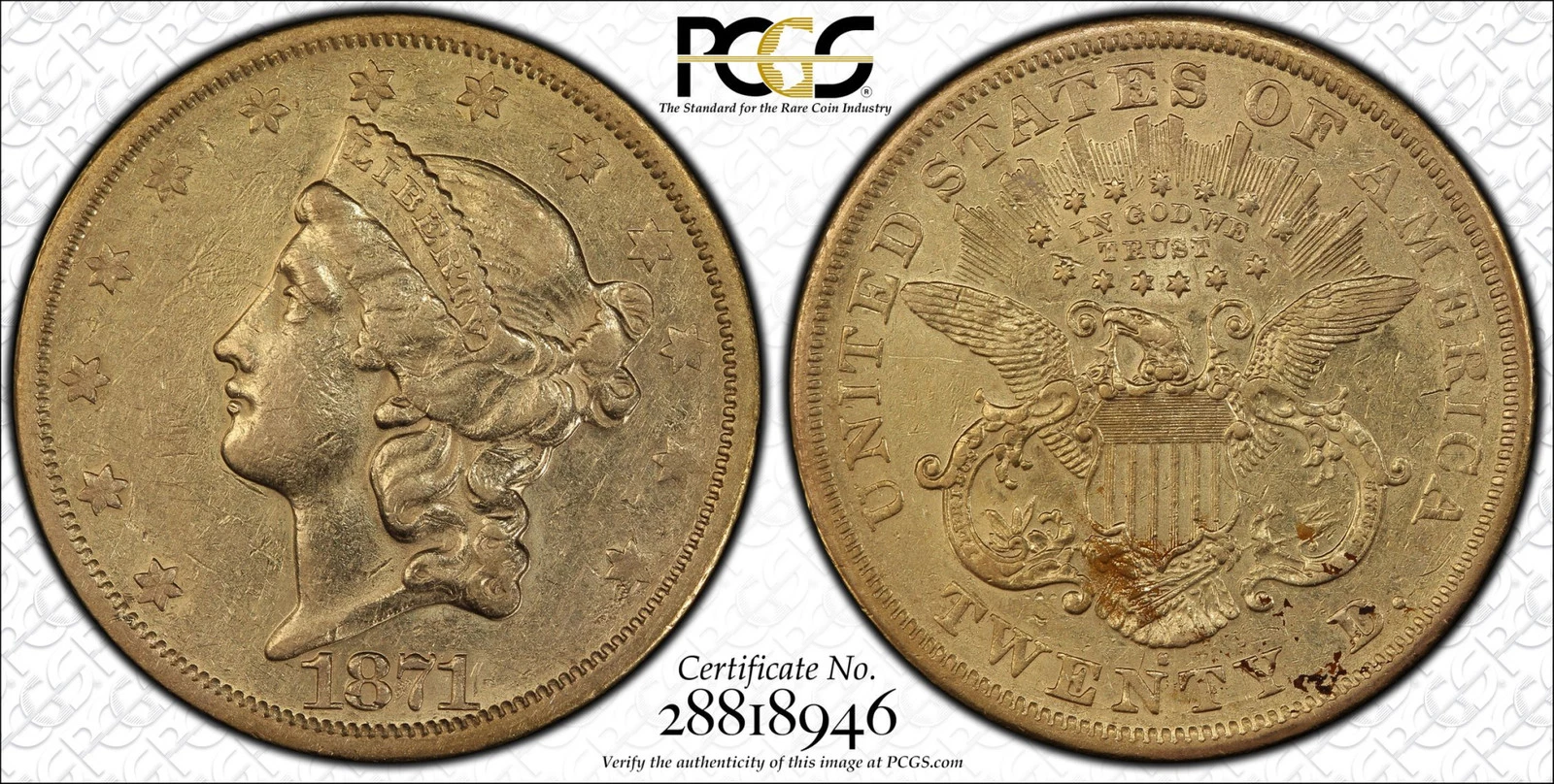 1871-S $20 GOLD LIBERTY DOUBLE EAGLE PCGS XF45 SADDLE RIDGE HOARD