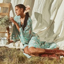 Spell V-Neck Long Sleeve Floral Maxi Dress Duster Blue XS