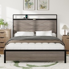Bed frame queen size, wooden platform bed frame with storage LED light headboard