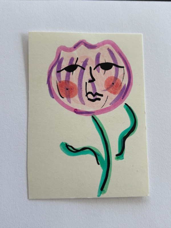 ACEO Art Card Original Mixed Media Paint ATC 2.5" x 3.5" Flower Face Whimsical