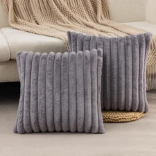 Set of 2 Dark Grey Faux Fur Decorative Throw Pillow Covers Fluffy Striped Pil...