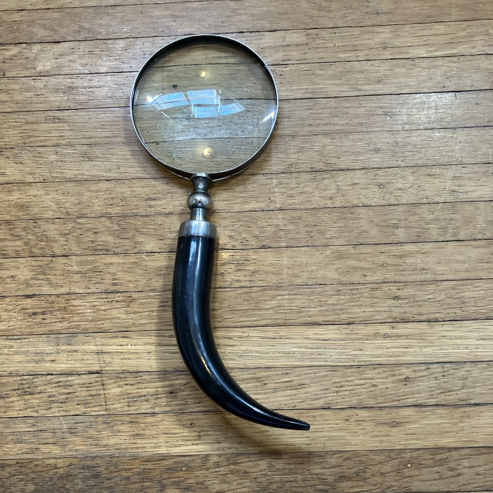 A vintage horn-handled magnifying glass that doubles as a sculptural desk object and actual useful tool.