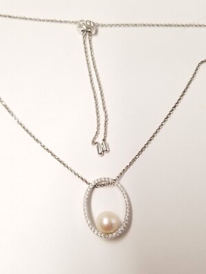 apm Monaco Adjustable Chain Necklace with Pearl CZ Pave Necklace Sterling Silver
