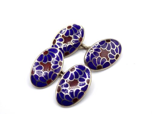 VINTAGE STERLING SILVER ENAMEL GUILLOCHE ENGLAND H & V HEWETT & VOLLER CUFFLINKS - Picture 3 of 9