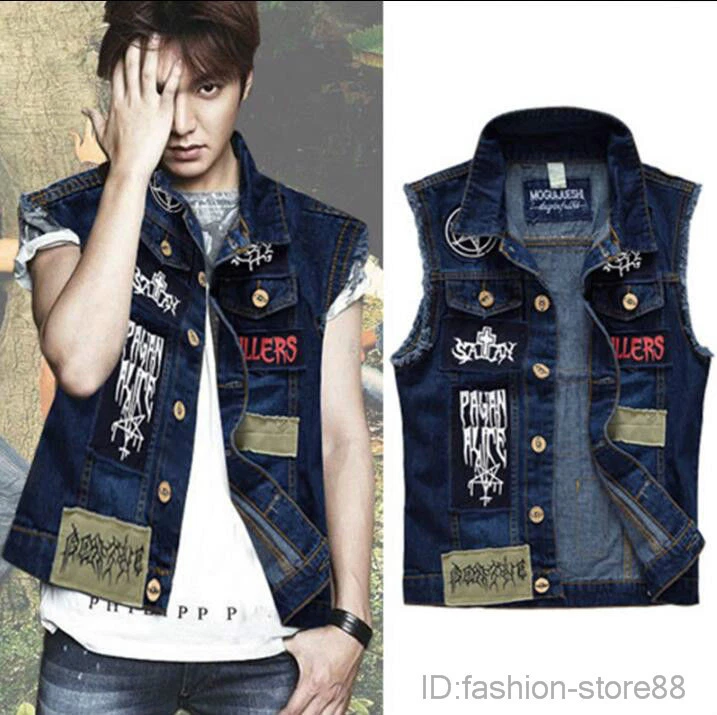 Men patched denim jacket cheap