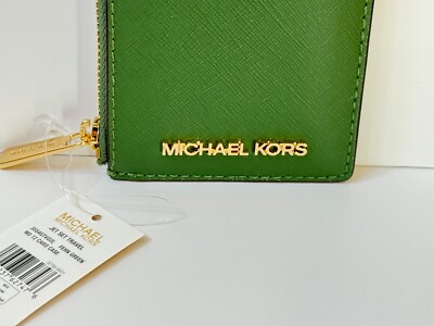 MICHAEL KORS JET SET TRAVEL TOP ZIP CARD CASE LEATHER WALLET FERN