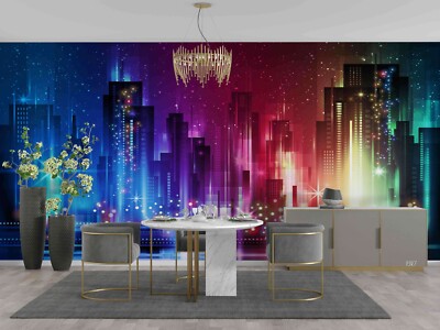 3D City   Lights Night Landscape  Self-adhesive Removeable Wallpaper Wall Mural1